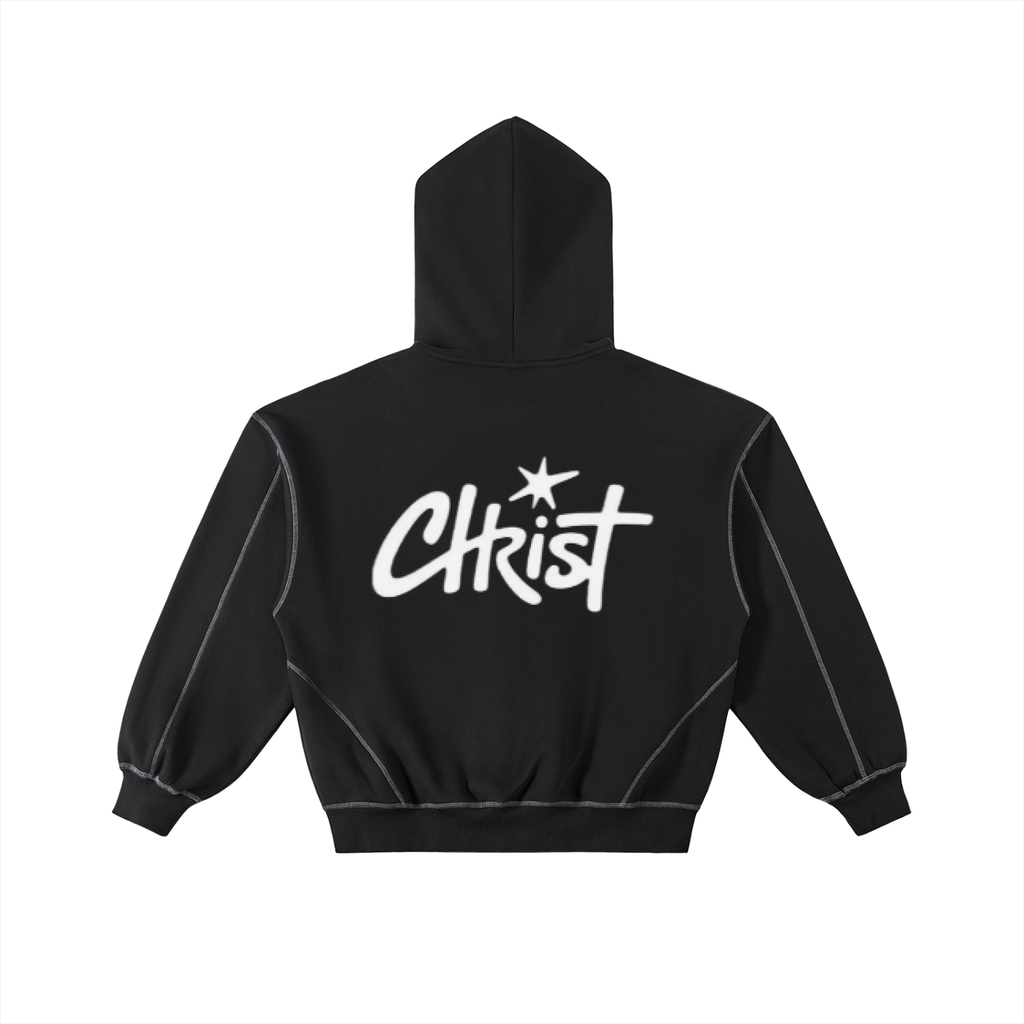 Contrast-Stitched Boxy Fleece Zip Hoodie