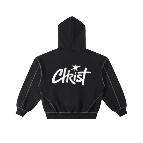 Contrast-Stitched Boxy Fleece Zip Hoodie